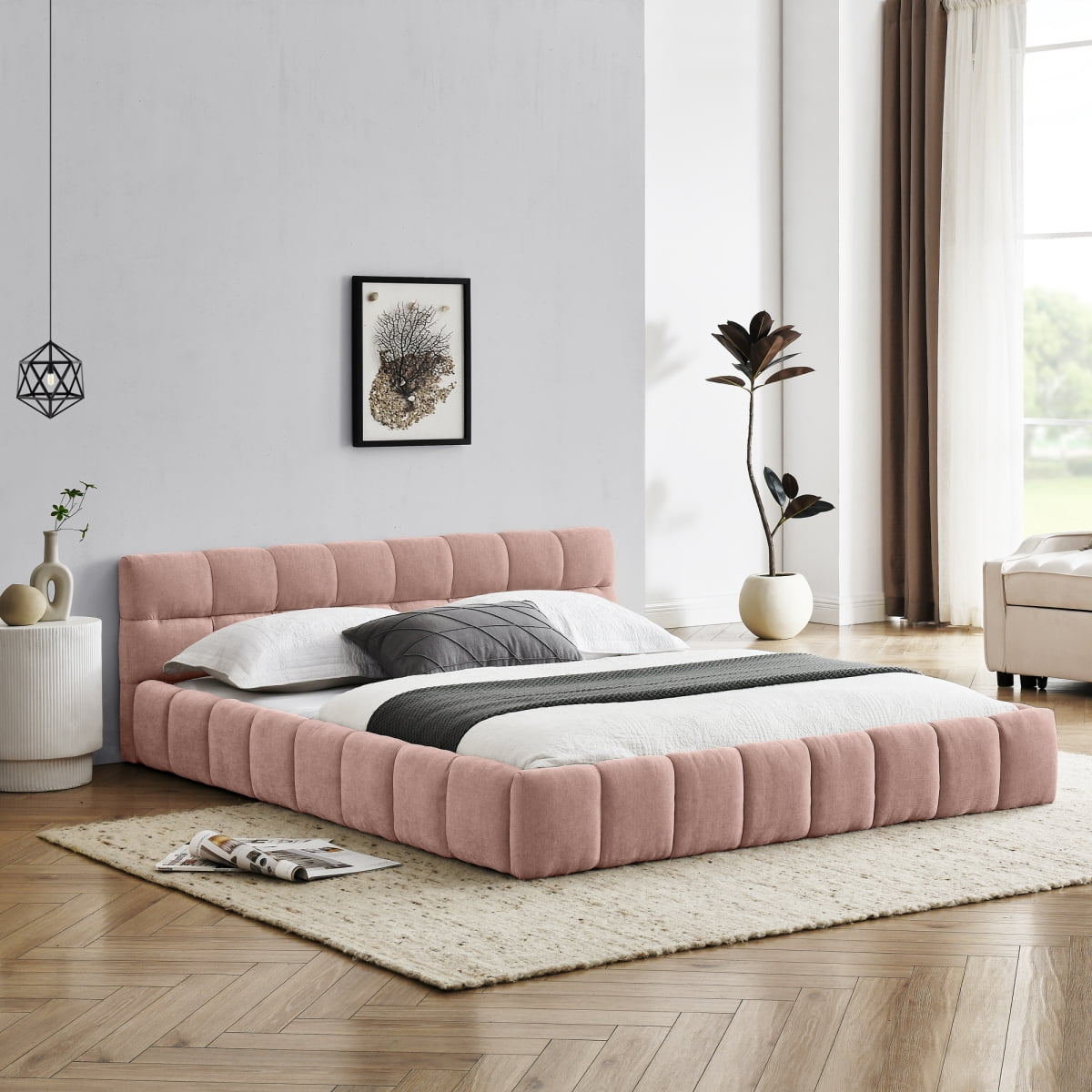 Queen Size Upholstered Bed Frame with Thick Fabric, Chenille Fabric Grounded Queen Size Platform Bed with Headboard and Solid Frame. No Box Spring Needed, PINK