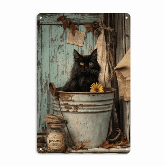 2D Flat 1pc Vintage Laundry Room Metal Tin Sign Black Cat in Bucket with Sunflowers Rustic Farmhouse Decor Heavy Duty Iron Metal Pre Drilled Holes for Easy Hanging Indoor Outdoor Wall Art