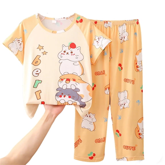 SJLDQY Pajamas for Girls Cute Cartoon Graphic Tee Pants Loungewear Sets Summer Sleepwear 2 Piece Casual Pjs Sets