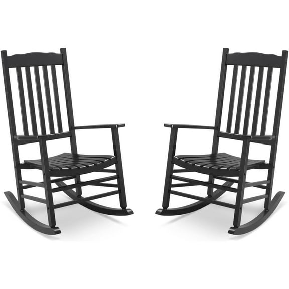 MMZP Outdoor Rocking Chair Set of 2, Solid Wood High Back Rocker, All Weather Lounge Chair for Porch Patio Fire Pit Garden Backyard Deck Indoor, Wave Shape, Black