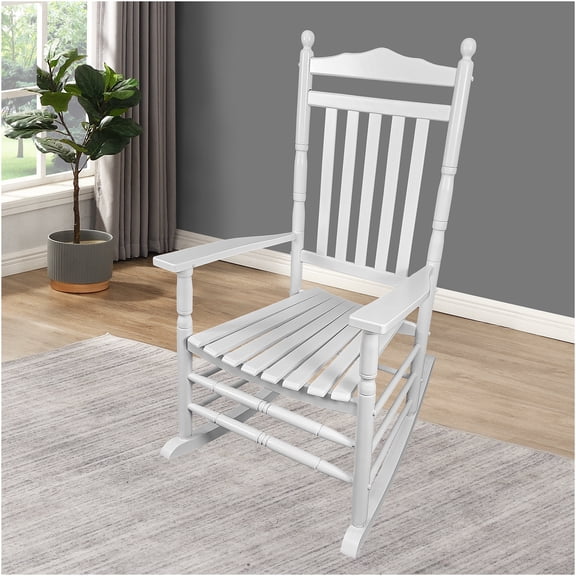 JERFIT Solid Wood Rocking Chair for Porch, Balcony, Patio & Garden - Comfortable White Outdoor Rocker with Wide Seat and Back Support