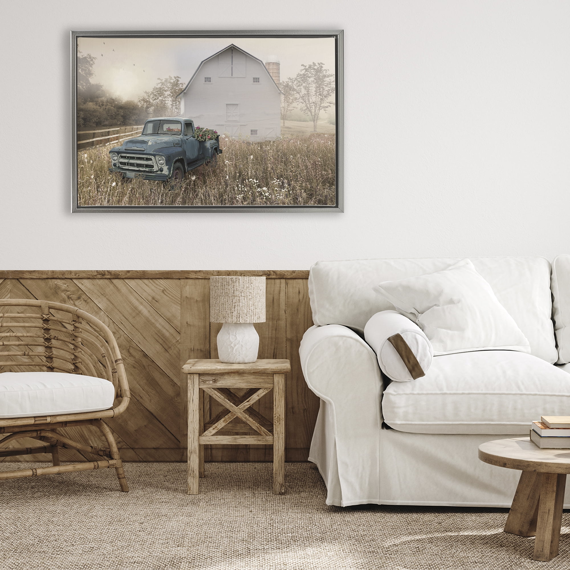 Stupell Industries Vintage Pickup in Wildflowers Gray Framed Floater Canvas Wall Art, design by Nan