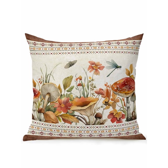 Outdoor Pillows Waterproof, Botanical Mushrooms Bedding Throw Pillows with Insert for Couch Sofa Bed, Retro Fall Wild Flowers Farmhouse 18x18 Inch Pillowcases Decorative Patio Pillow Set of 1
