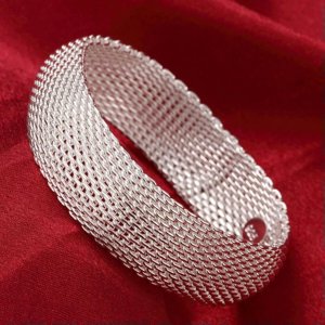GKNET 925 Sterling Silver Filled Bangle Bracelets Women Round Woven Mesh Silver Bangle
