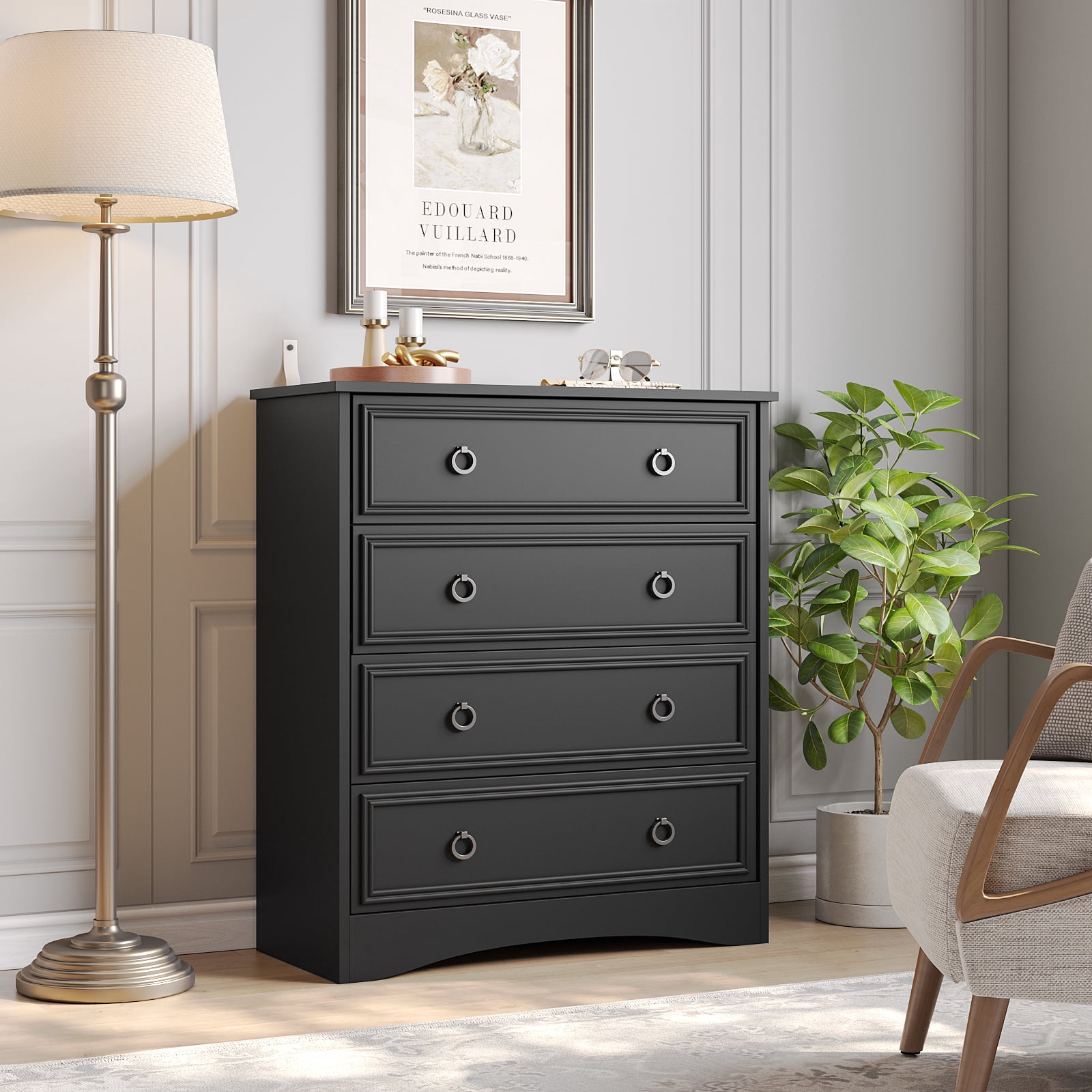 Holliwill Modern Drawer Dresser for Living Room, Bedroom, Hallway, Dresser Chest with 4 Drawers, Black
