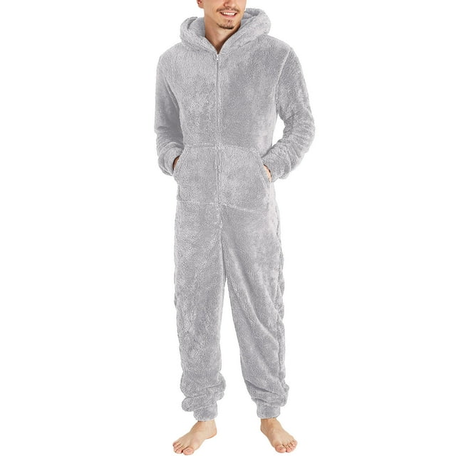 UAMVSH Mens Fuzzy Fleece Hooded Jumpsuits Warm Plus Size Long Sleeve Zipper Plush Pajama Onesies with Pockets Winter One-Piece Rompers(5X-LargeGray)