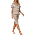 thumbnail image 4 of INSPIRE CHIC Women's Satin Pajamas Sets Short Sleeve Button Tops with Capri Pants 2 Pcs Loungewear XS Champagne, 4 of 6