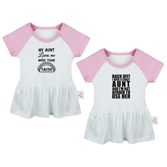 Pack of 2, My Aunt Loves Me More Than Tacos & Back Off I Have A Crazy Aunt Funny Dresses For Baby, Newborn Babies Skirts, Infant Princess Dress, Toddler Frocks (Pink Raglan Dresses, 0-6 Months)