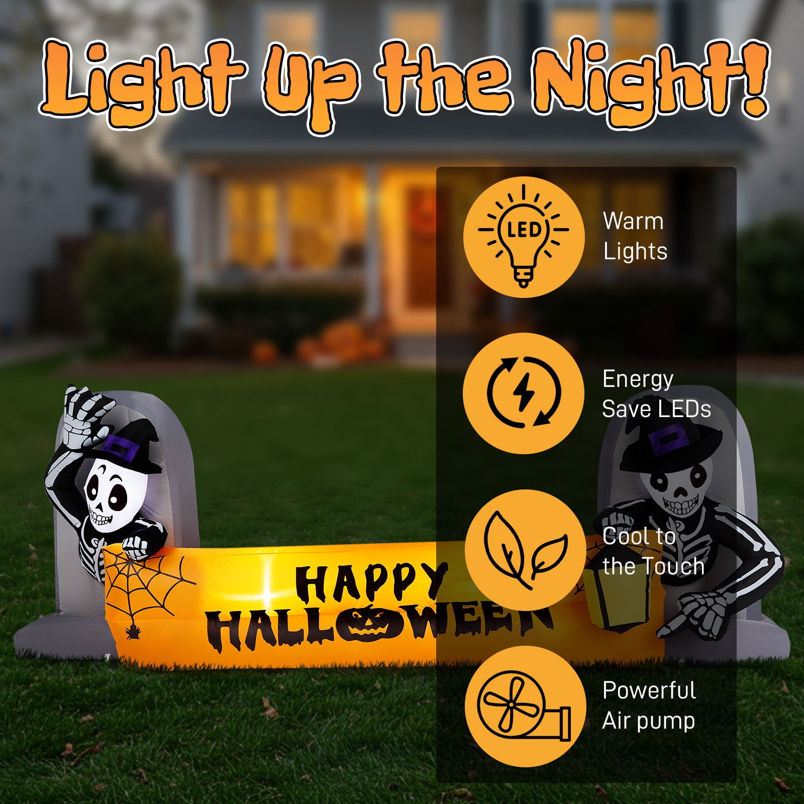 9.6FT Large Halloween Inflatable Decorations Skeleton Tombstone Banner, Outdoor Decorations Blow Up Yard Decor with Built-in LEDs for Halloween Holiday Party Outdoor Garden Yard Lawn Decor