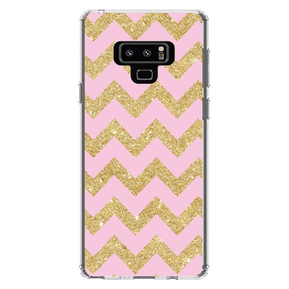 DistinctInk Clear Shockproof Hybrid Case for Samsung Galaxy Note 9 - TPU Bumper, Acrylic Back, Tempered Glass Screen Protector - Pink & Gold Print - Chevron Pattern