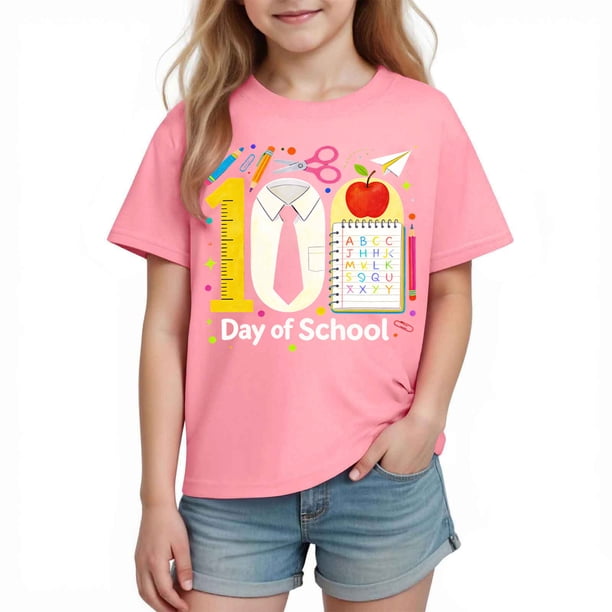 Camiseta de Manga Corta Linda con Impresión Gráfica para la Temporada Escolar de los Niños, Camisetas de Manga Corta de las Niñas