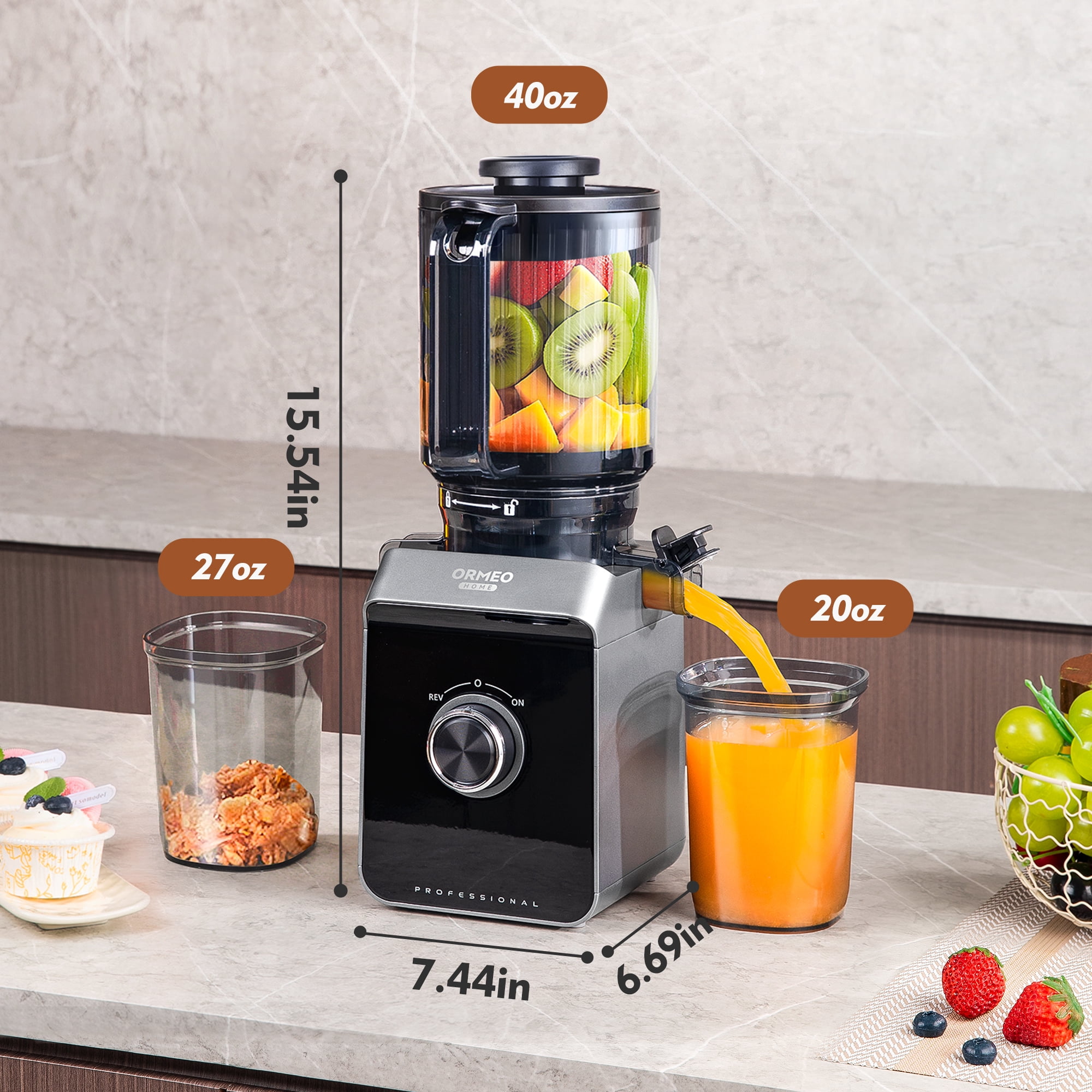 ORMEO HOME Cold Press Juicer Masticating Juicer Machines with 5.5" Large Feed Chute Fit Whole Vegetables & Fruits, with Pulp Seperation 99.6% Juice Purity, Quiet Motor Easy to Clean BPA Free