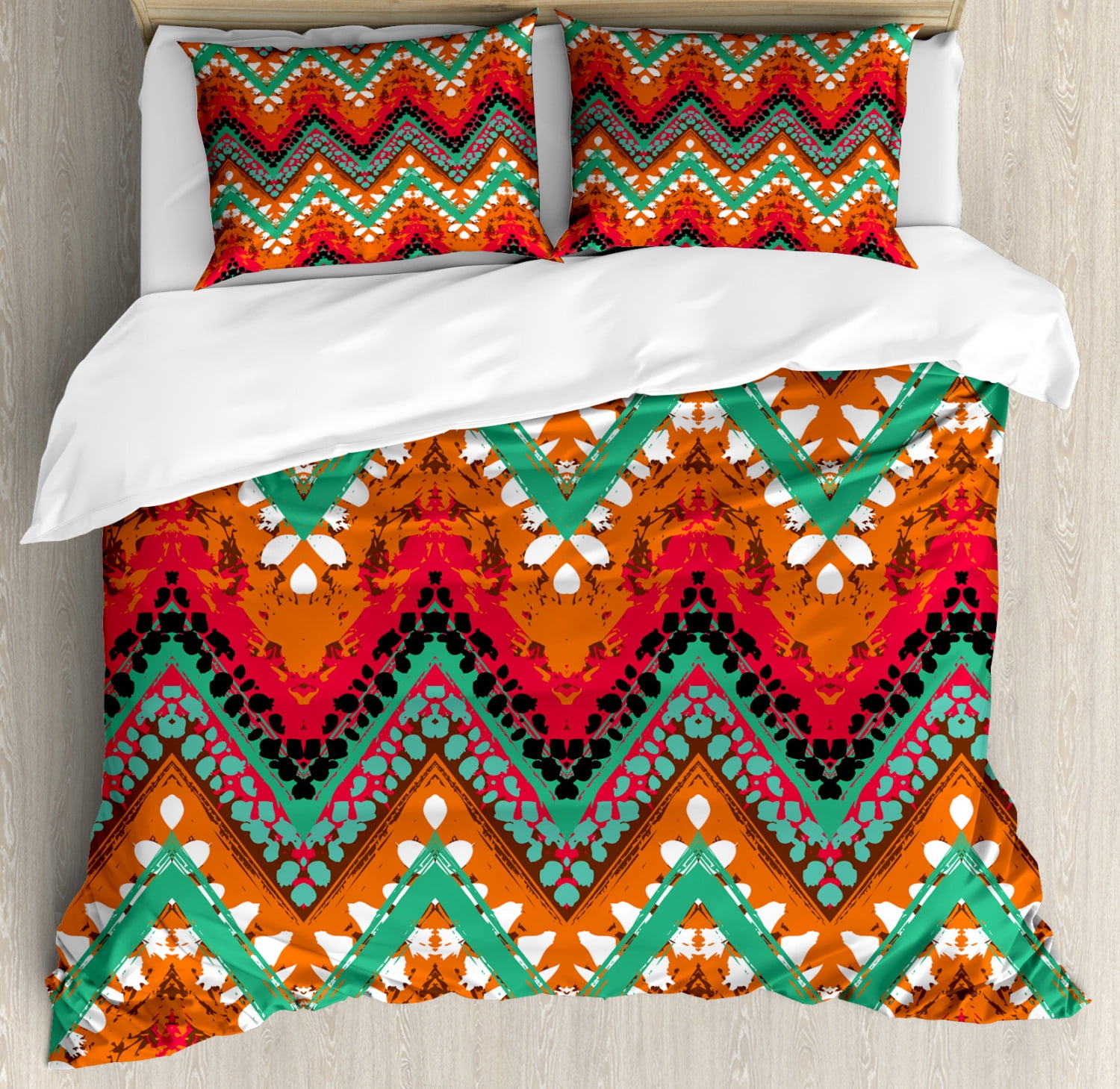 Tribal Duvet Cover Set Queen Size, Hand Paint Ethnic Zigzag Pattern
