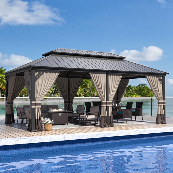 ALAULM 12'x20' Hardtop Gazebo, Galvanized Metal Double Roof with Brown Netting & Curtains, Sunshade for Patio, Backyard & Deck