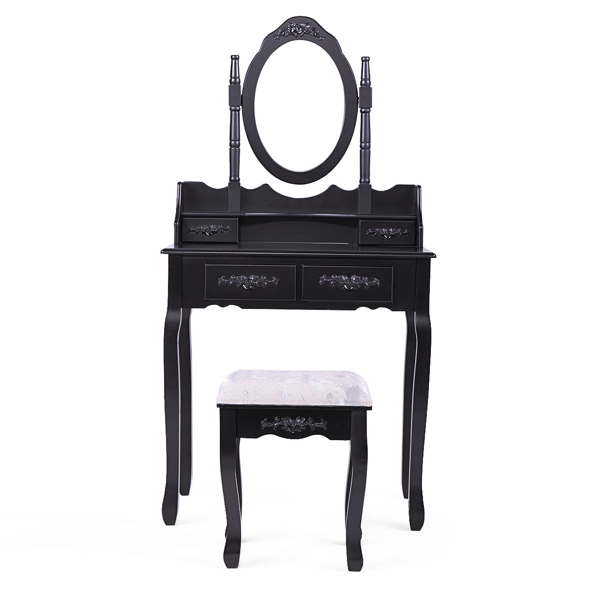 Kepooman Mid Century Vanity Set, Makeup Vanity Desk with 4 Drawers / Oval Mirror / Cushioned Stool - Black Kepooman Mid Century Vanity Set, Makeup Vanity Desk with 4 Drawers / Oval Mirror / Cushioned Stool - Black