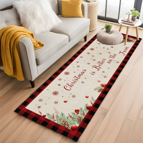 Red Christmas Kitchen Runner Rug 2x6 Washable Runners for Hallway Non Slip Cow Snowflake Red Plaid Farmhouse Rustic Winter Large Area Rug Indoor Floor Carpet for Bathroom Laundry Entryway Bedroom