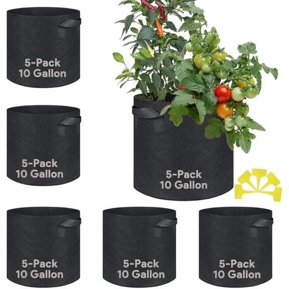 CGACOL Grow Bags 10 Gallon 5 Pack Large Fabric Pots Heavy Duty 300g Thickened Nonwoven Grow Bags with Handles for Vegetables Fruits Flowers Plants Indoor Outdoor(16" Dia x 12" H)