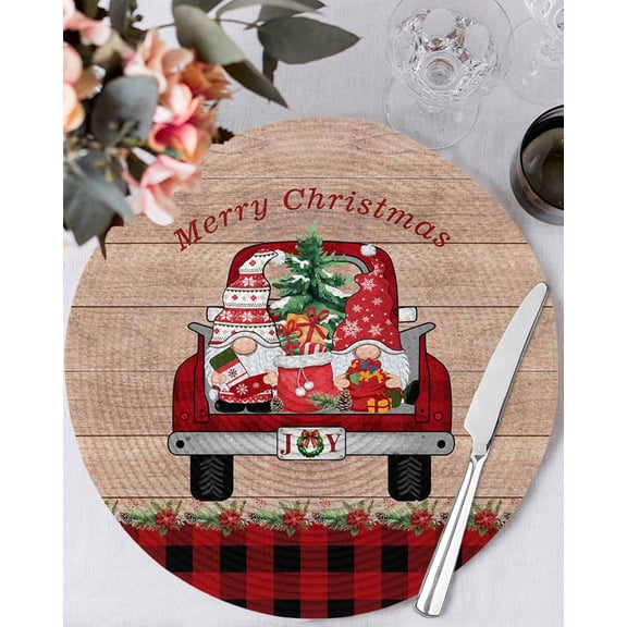 15 Inch Round Placemats Set of 6, Christmas Truck Gnomes Non Slip Heat Insulation PP Table Mats, Red Black Plaid Xmas Tree Wooden Washable Place Mats for Kitchen Dining Party Table Decor