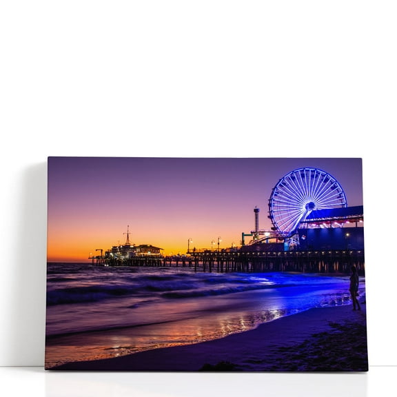 Santa Monica Pier at Colorful Sunset - Wrapped Canvas Print Wall Art | 18" W x 12" H