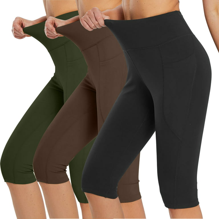 Brnmxoke 3 Pack Capri Leggings for Women with Pockets,Solid Color Non See  Through Workout High Waisted Tummy Control Yoga Pants Soft Stretch Athletic