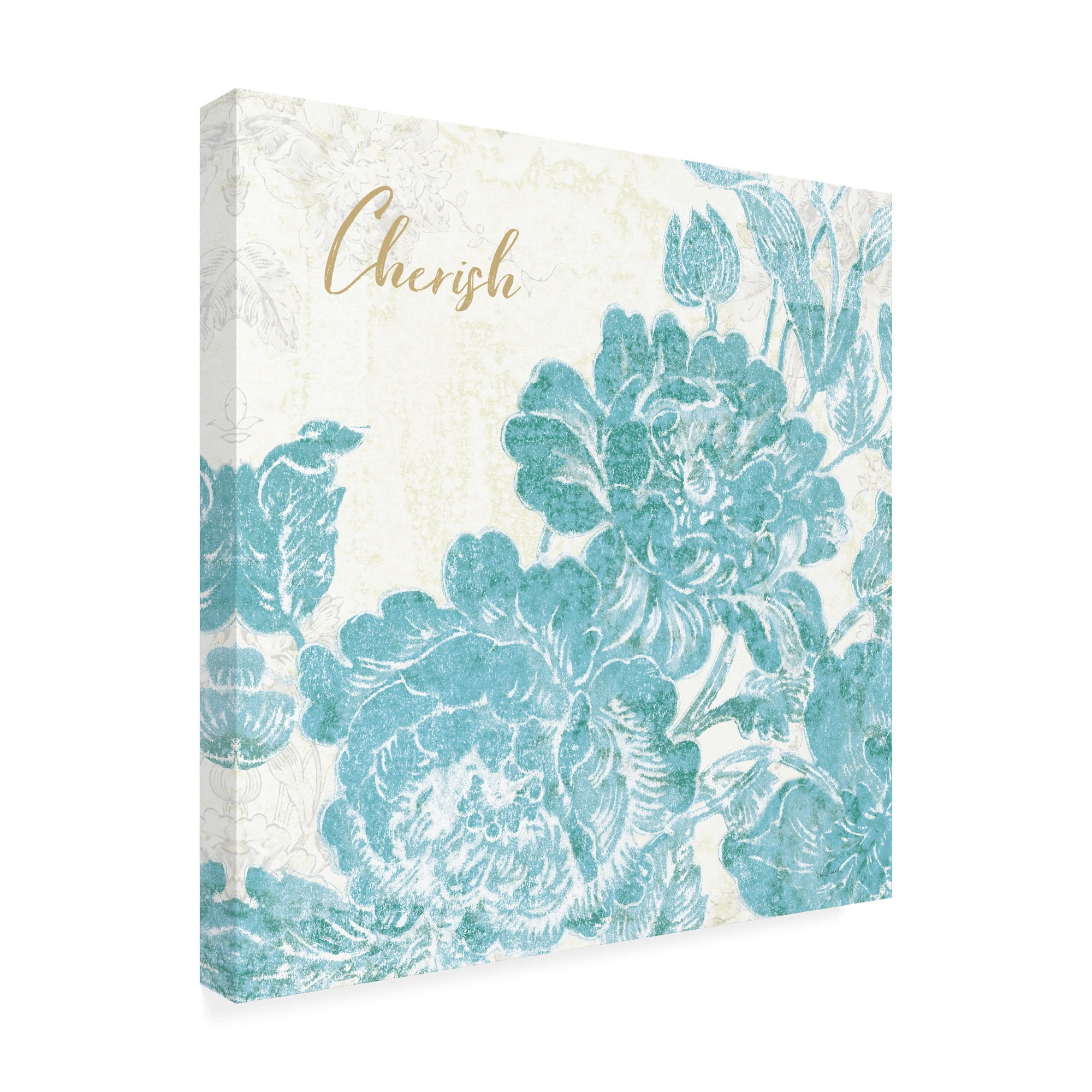 Trademark Fine Art 'Toile Roses V Teal Cherish' Canvas Art by Sue Schlabach