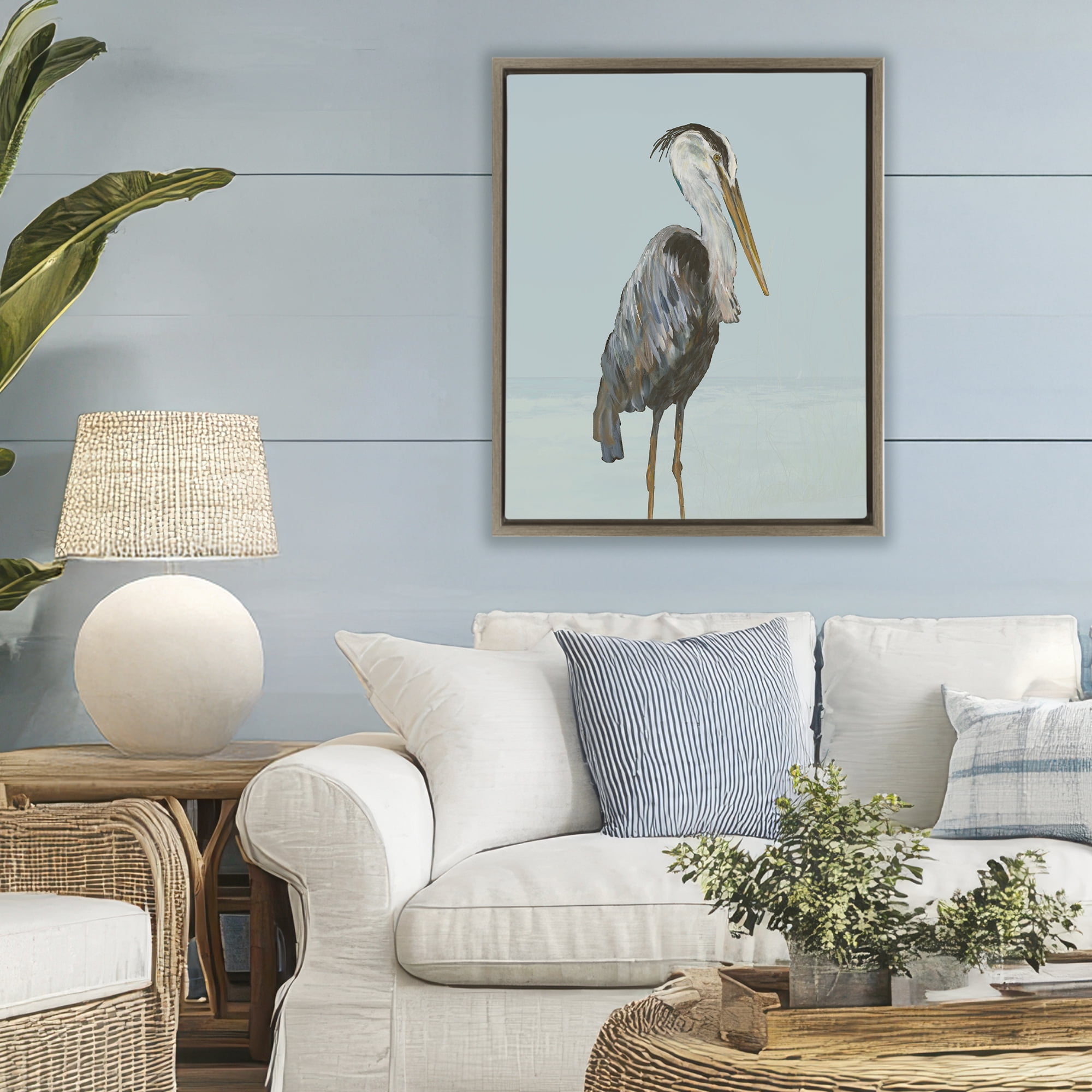 Stupell Industries Coastal Pelican Muted Blue Brown Framed Floater Canvas Wall Art, design by Julie DeRice