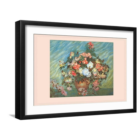Art.com Pink and White Roses Art Print by Vincent van Gogh, Black Frame Wall Art, 23" x 17"
