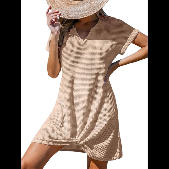 Vestido Informal con Cuello en V y Protección Solar, Color Caqui, Talla L