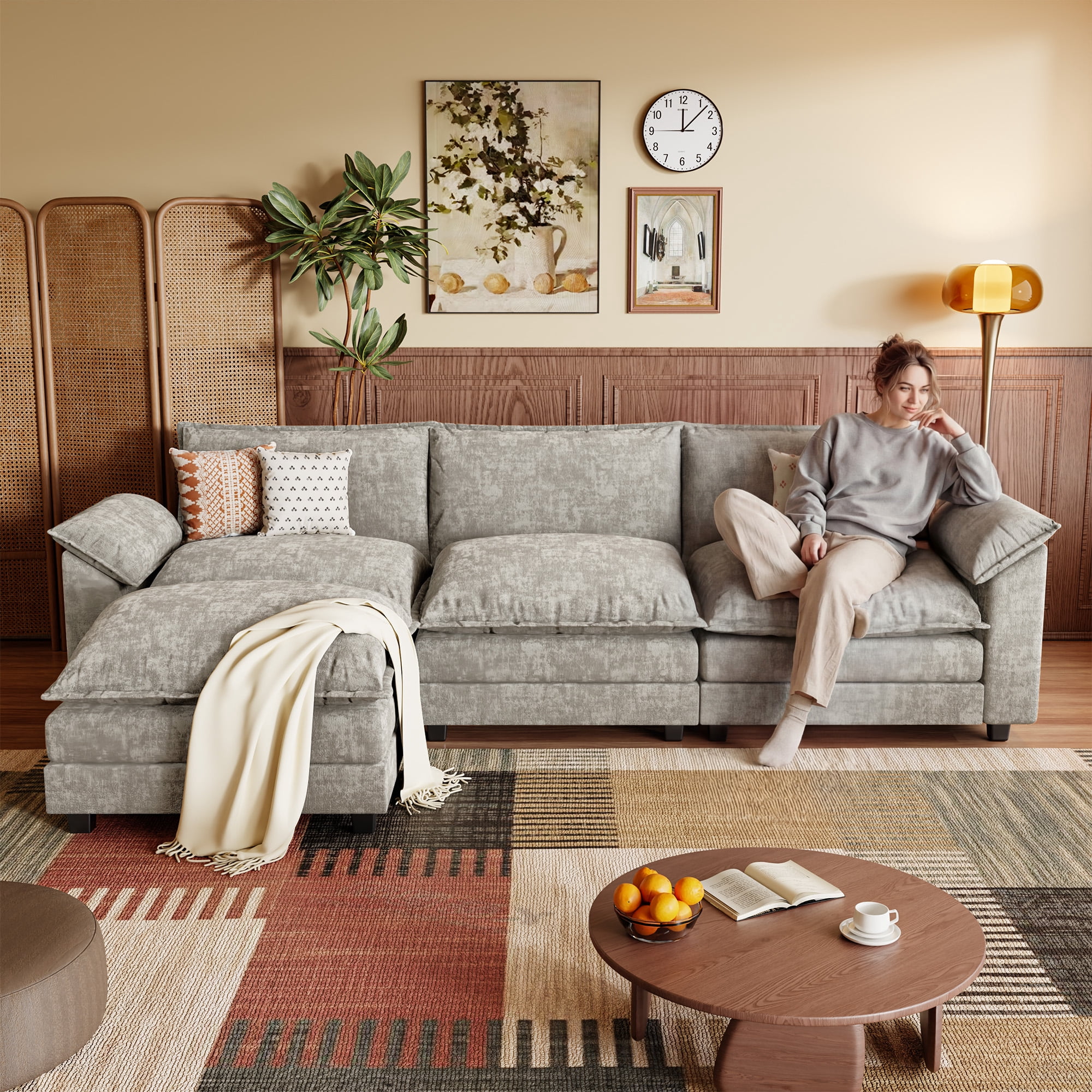 Homall 3-seat L-shaped Cloud Couch Sectional Sofa with reversible toffee chair Movable Footrest Sofa, Gray