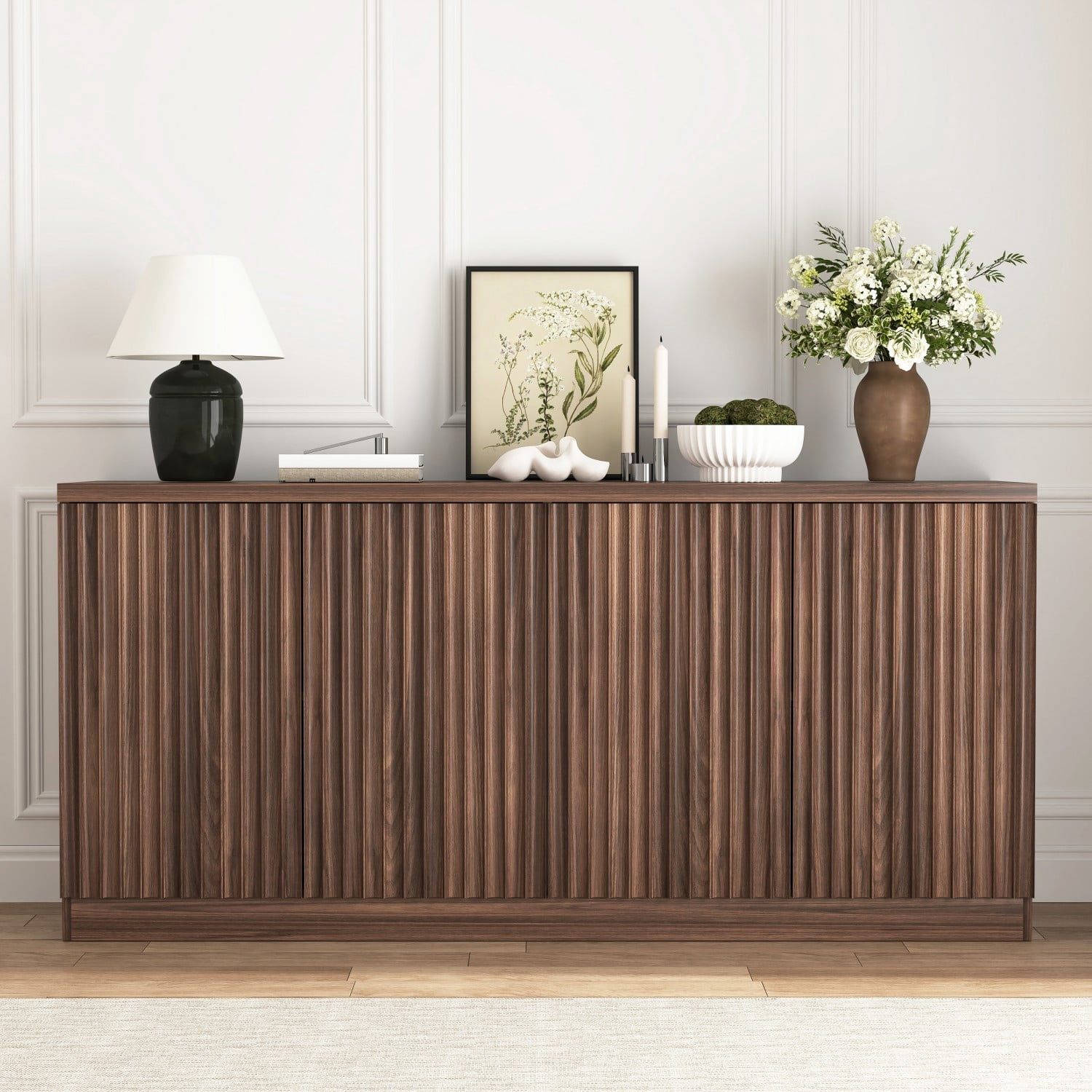 62.6" Buffet Cabinet with Storage, 4 Door Sideboard Cabinet with Shelves, Wooden Coffee Bar Cabinet Credenza Console Table for Kitchen Dining Room Living Room, Walnut