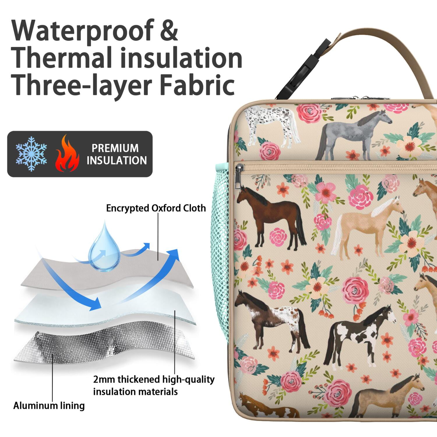 Pony and Unicorn Lunch Box, Cute Horse Print with Flowers and Rainbow, Retro Rural Design, Insulated Bento Cooler for School, Work, Horse Lovers
