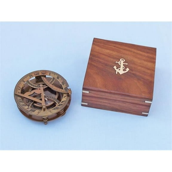 Handcrafted Model Ships CO-0564-AN 6 in. Antique Brass Round Sundial Compass with Rosewood Box