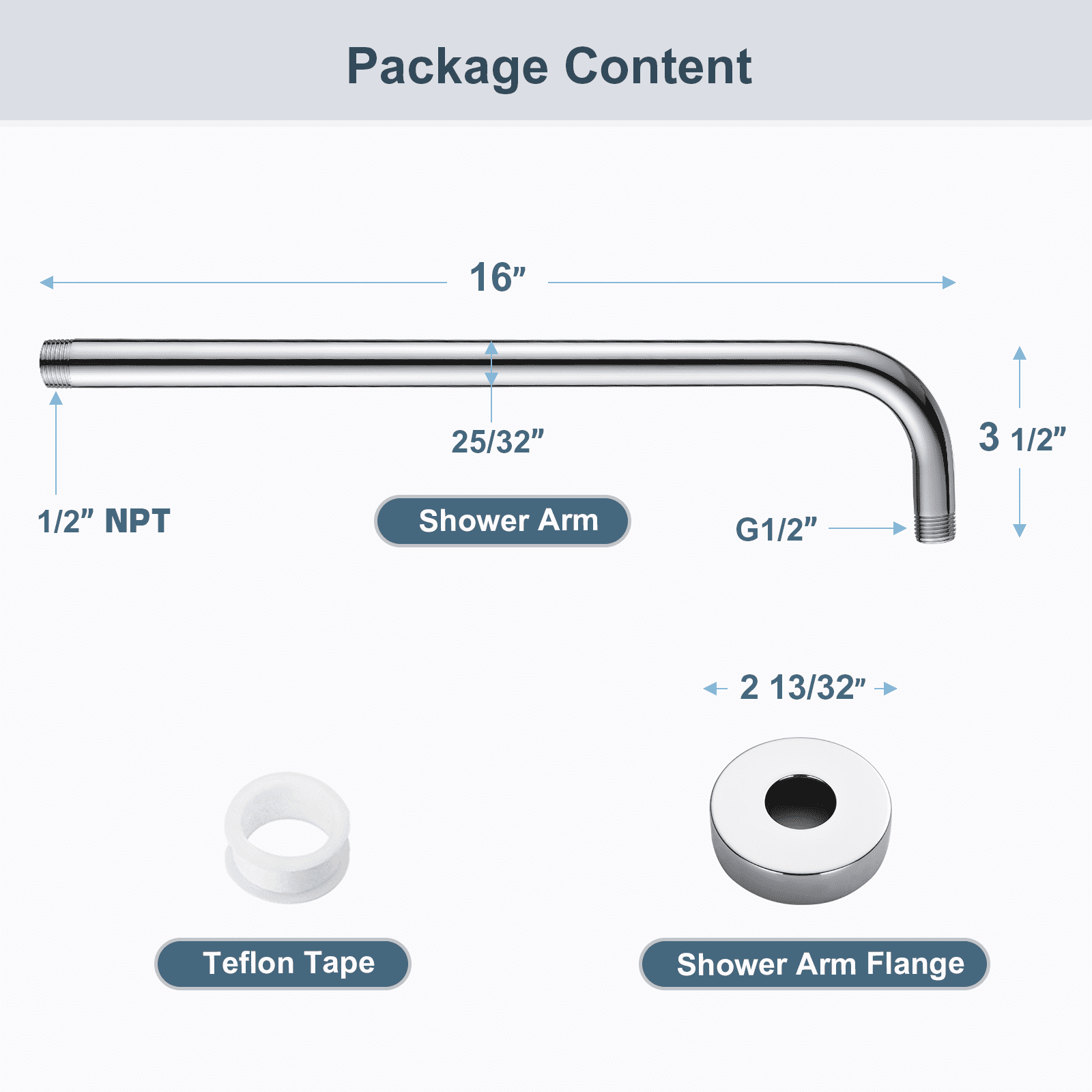 BRIGHT SHOWERS 16 Inch Shower Head Extension Arm with Flange L Shaped Shower Arm Extender, Long Stainless Steel Rainfall Shower Head Pipe Arm, Chrome