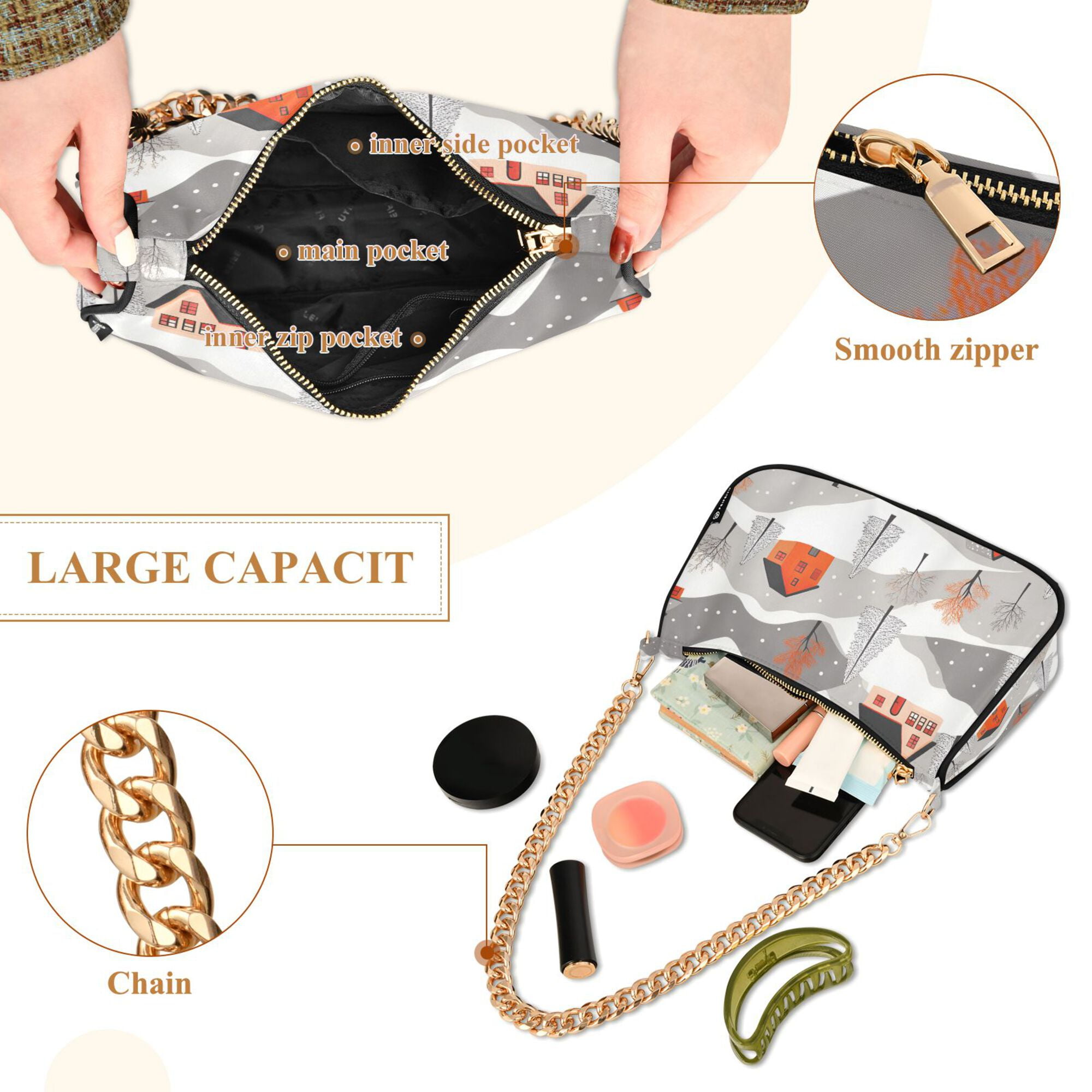 FORMRS Womens Shoulder Bag with Chain Strap Clutch Purse Cute Tote Handbag, Snow Cartoon Houses