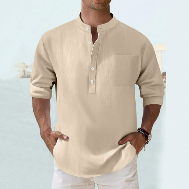 pstuiky hombres de manga larga, Camisas de lino a la moda para hombre, informales, lisas, con botones, cuello alto, bolsillos y manga larga Tops de hombre s