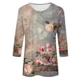 thumbnail image 5 of Women's 3/4 Sleeve Loose Fit Flowy Tunic Tops Dressy Casual Tops Summer Clothes for Teen Girls Vintage Tie Dye Floal Printing Fashion 2024 Round Neck Blouse Spring Elegant Shirts White T Shirts S, 5 of 5