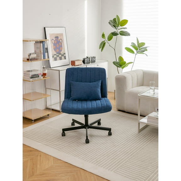 Criss Cross Office Chairs with Wheels and Rocking Function, Comfty Desk Chair with Ergonomic Back and Adjustable Height, Rolling Linen Fabric Chair for  Bedroom, Study Room, Blue