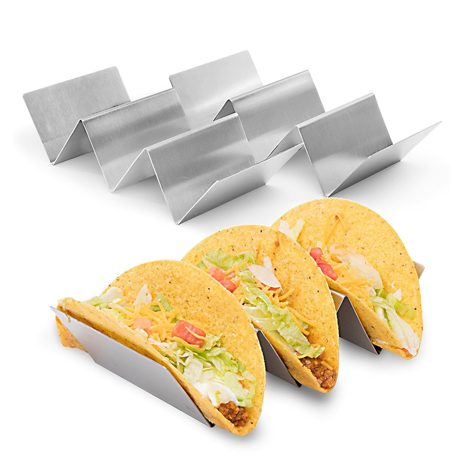 Stainless Steel 2 Pack Taco Holder,Rustproof Taco Rack Holds Up to 4-5 Tacos Each Taco Stand Taco Tray for Soft Hard Shell with Silicone Protective Tips Oven Safe 