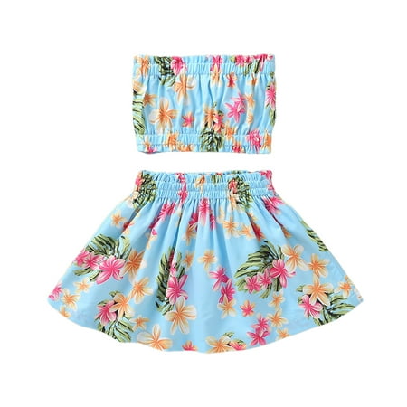 

One opening Girl’s Summer Plant Printing Tube Tops and A-line Short Skirt