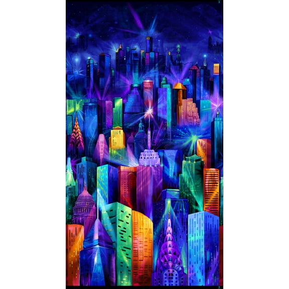Timeless Treasures Electric Skyline City 24" Panel 100% Cotton Fabric by The Panel