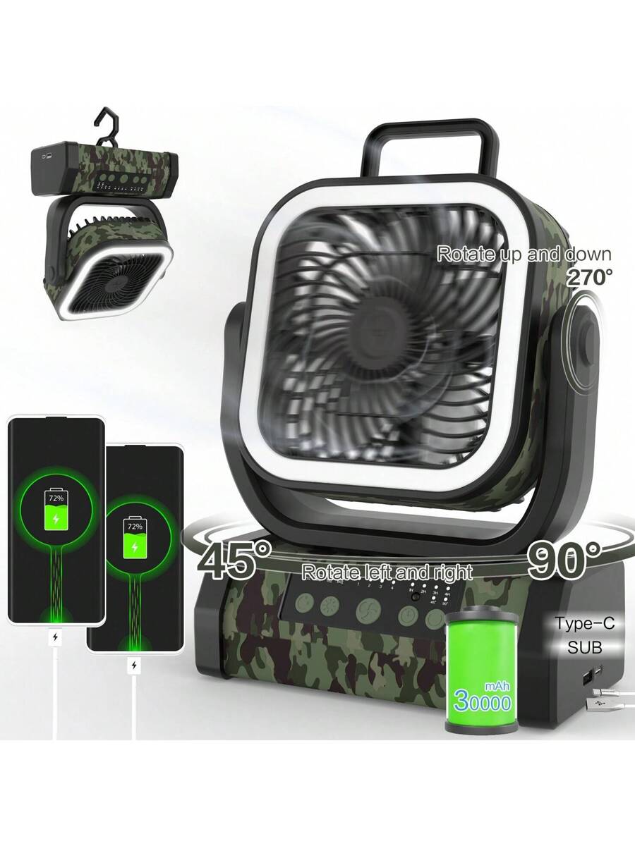 20000/30000mAh Camping Fan - With Rechargeable Li-Polymer Battery With LED Lantern - Portable Outdoor Tent Fan With Hook, 4-Speed Wind Remote Control,Green