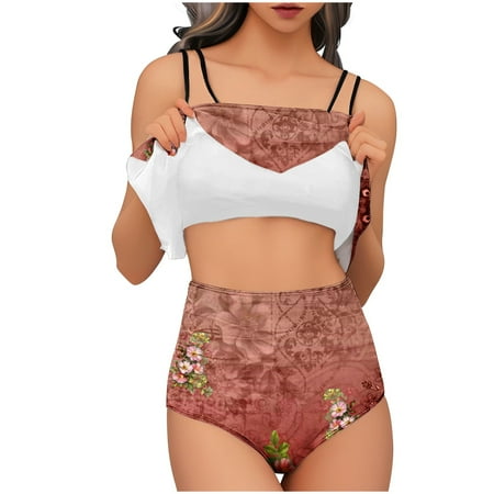 WNYEIME Swimsuits for Women Two Piece Ruffle Bikini Sets Retro Floral Printed Push-Up Swimwear High Waisted Bathing Suits Tummy Control Beachwear Red S