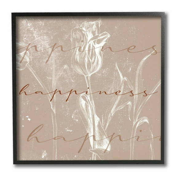 Stupell Industries Happiness Cursive Script Brown Tulip Illustration Typography Painting Black Framed Art Print Wall Art, 12 x 12