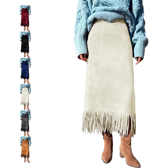 Women's fringed faux suede skirt, high-waisted slim-fit pencil skirt, elegant autumn/winter midi skirt, vintage A-line slim skirt