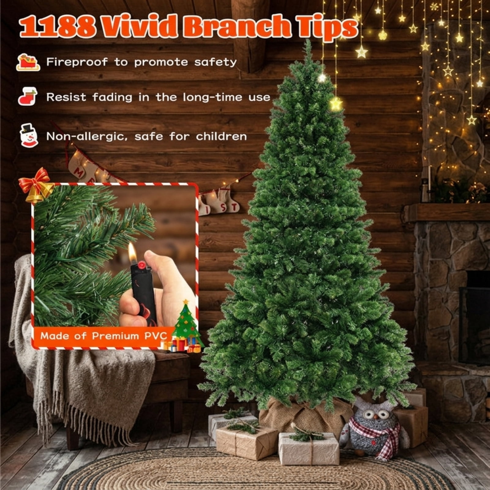 RUIE 7 ft Hinged Christmas Tree, Pre-Lit Green Artificial Xmas Tree with 700 LED Lights, 1188 Branch Tips and Foldable Metal Stand