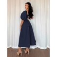 thumbnail image 2 of Navy Blue Womens Square Neck Puff Sleeve Pleated Midi Dress For Office Casual Elegant Occasion, 2 of 7