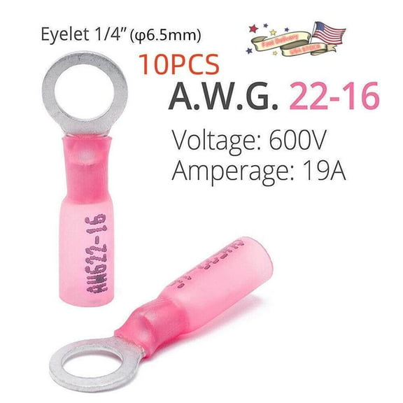 10PCS RED 22-16 AWG STUD HEAT SHRINK RING TERMINALS WIRE CONNECTOR 1/4