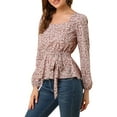 thumbnail image 4 of INSPIRE CHIC Women's Floral Long Sleeve Square Neck Peplum Blouse with Belt XL Pink, 4 of 7