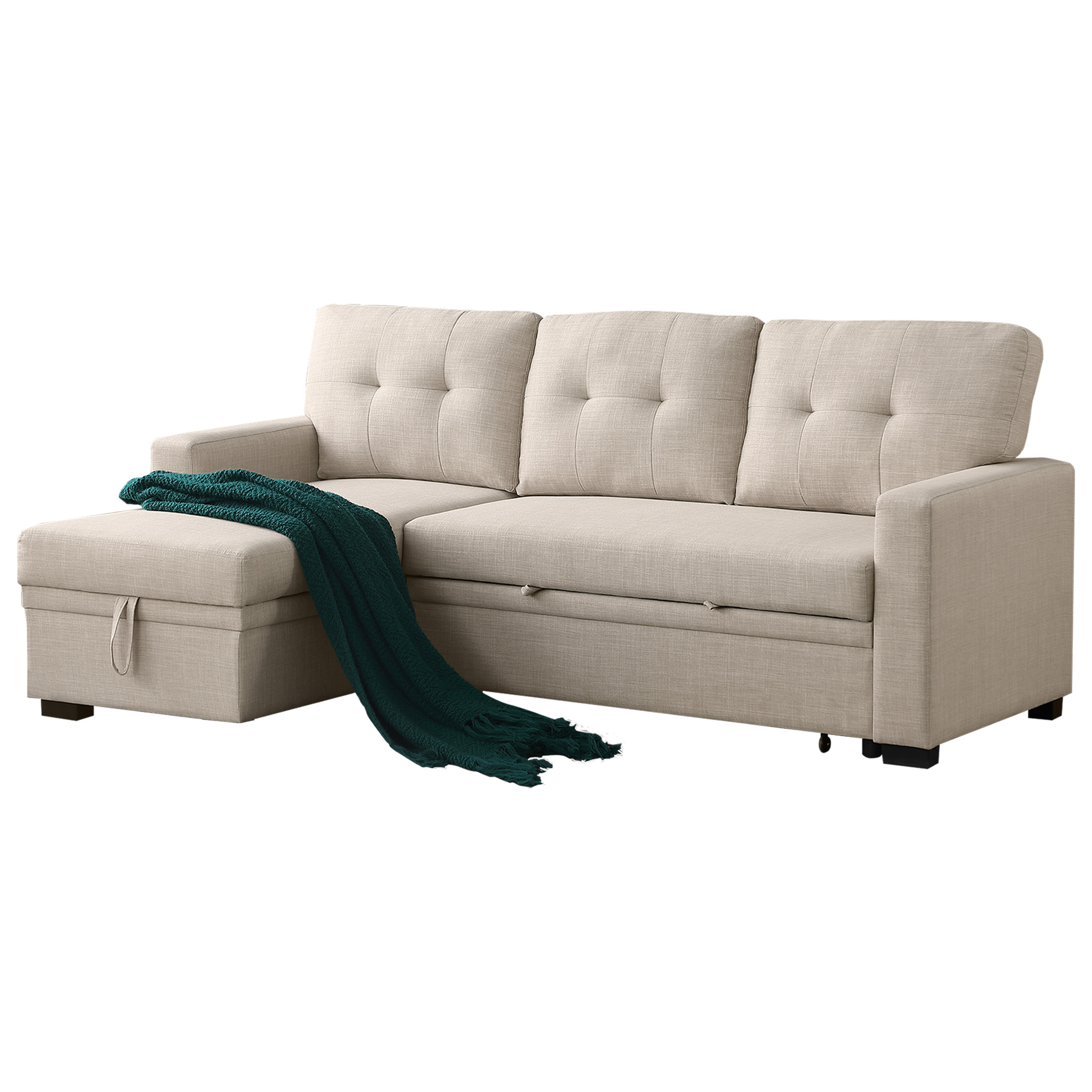 Aukfa Premium Pull-Out Sleeper Sofa Bed with Storage Chaise, Contemporary 3-Seater Couch for Living Room, Beige