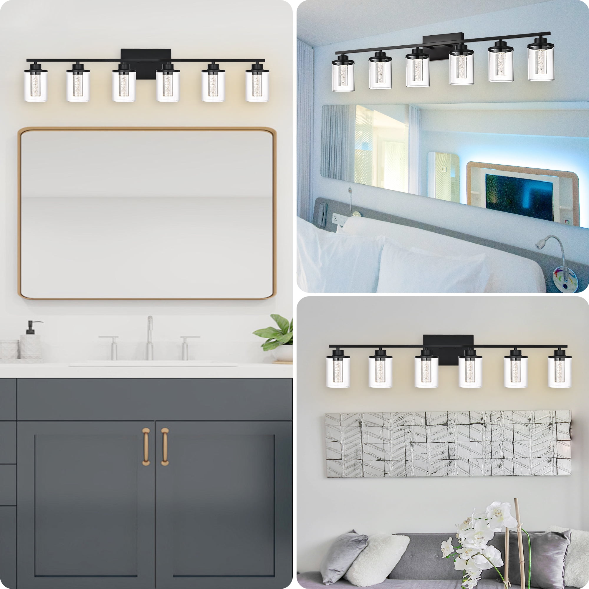 Melucee 5CCT Dimmable LED Black Vanity Lights 6-light, Modern Vanity Lighting Fixtures with Crystal Light Columns and Clear Glass for Bathroom Bedroom